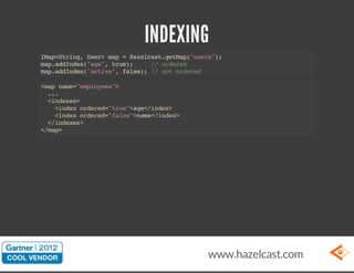 INDEXING
Ia<tig Ue>mp=Hzlatgta(ues)
MpSrn, sr a
aecs.eMp"sr";
mpadne(ae,tu)
a.dIdx"g" re;
/ odrd
/ ree
mpadne(atv" fle;/ ntodrd
a.dIdx"cie, as) / o ree
<a nm=epoes>
mp ae"mlye"
..
.
<nee>
idxs
<ne odrd"re>g<idx
idx ree=tu"ae/ne>
<ne odrd"as"nm<idx
idx ree=fle>ae/ne>
<idxs
/nee>
<mp
/a>

www.hazelcast.com

 