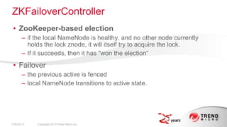 • ZooKeeper-based election
– if the local NameNode is healthy, and no other node currently
holds the lock znode, it will itself try to acquire the lock.
– If it succeeds, then it has "won the election“
• Failover
– the previous active is fenced
– local NameNode transitions to active state.
ZKFailoverController
7/26/2013 Copyright 2013 Trend Micro Inc.
 