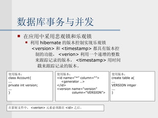 数据库事务与并发 在应用中采用悲观锁和乐观锁 利用 hibernate 的版本控制实现乐观锁 <version> 和 <timestamp> 都具有版本控 制的功能， <verion> 利用一个递增的整数 来跟踪记录的版本， <timestamp> 用时间 戳来跟踪记录的版本。 使用版本： create table a( ... VERSION intger ... ) 使用版本： <id name=“*” column=“”> <generator ..> </id> <version name=“version”  column=“VERSION”> 使用版本： class Account{ ... private int version; ... } 在影射文件中， <verion> 元素必须跟在 <id> 之后。 