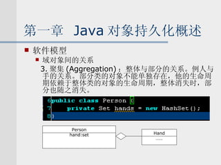 第一章  Java 对象持久化概述 软件模型 域对象间的关系 3. 聚集 (Aggregation) ：整体与部分的关系。例人与手的关系。部分类的对象不能单独存在，他的生命周期依赖于整体类的对象的生命周期，整体消失时，部分也随之消失。 Person hand:set Hand …… 