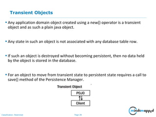 Page 28Classification: Restricted
Transient Objects
• Any application domain object created using a new() operator is a transient
object and as such a plain java object.
• Any state in such an object is not associated with any database table row.
• If such an object is destroyed without becoming persistent, then no data held
by the object is stored in the database.
• For an object to move from transient state to persistent state requires a call to
save() method of the Persistence Manager.
 