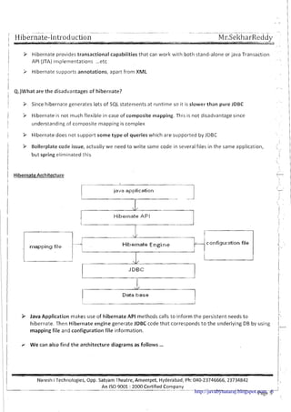 Hibernate-Introduction- --- -- McSekharReddy-.-
I
- -
i
i 3 Hibernate provides transactional capabilities that can work with both stand-alone or java Transaction 1I
1 API (JTA)imple~nentations...etc . .
, II i Hibernate supports annotations, apart from XML
I
I I
, Q.)What are the disadvantages of hibernate? 1II 3 Since hibernate generates lots of SQL statements at runtime so it is slower than pure JDBC
i i. Hibernate is not much flexible in case of composite mapping. This is not disadvantage since
1 understanding of conlposite mapping is complex
/ P Hibernate does not support some type of queries which are supported by JDBC
1 9 Boilerplate code issue, actually we need to write same code in several files in the same application,
I
',
but spring eliminated this I
I
1
1 HibernateArchitecture
1
java application
nAL'
Hibernate API
+r----
I--- Hilreinale Engin e .- configuration file

,I D E C
'./
Data base
1
Java Application makes use of hibernate API methods calls to inform the persistent needs t o I-,hibernate. Then Hibernate engine generate .lDBC code that corresponds t o the underlying DB by using 1l-
mapping file and configuration file information. I
I
I I r. We can also find the architecture diagrams as follows ...
i I
i Naresh i Technologies, Opp. Satyam Theatre, Ameerpet, Hyderabad, Ph: 040-23746666, 23734842
1( 1
L.- __ - __--
An IS0 9001 : 2000 Certified Company I
.--- .- - -
Page 5http://javabynataraj.blogspot.com 6
 