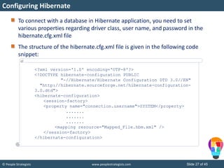 © People Strategists www.peoplestrategists.com Slide 27 of 45
To connect with a database in Hibernate application, you need to set
various properties regarding driver class, user name, and password in the
hibernate.cfg.xml file
The structure of the hibernate.cfg.xml file is given in the following code
snippet:
Configuring Hibernate
<?xml version='1.0' encoding='UTF-8'?>
<!DOCTYPE hibernate-configuration PUBLIC
"-//Hibernate/Hibernate Configuration DTD 3.0//EN"
"http://hibernate.sourceforge.net/hibernate-configuration-
3.0.dtd">
<hibernate-configuration>
<session-factory>
<property name="connection.username">SYSTEM</property>
.......
.......
.......
<mapping resource="Mapped_File.hbm.xml" />
</session-factory>
</hibernate-configuration>
 