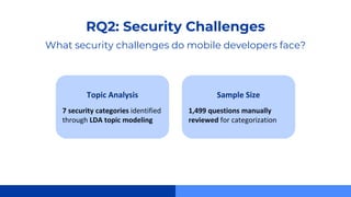 RQ2: Security Challenges
What security challenges do mobile developers face?
Topic Analysis
7 security categories identified
through LDA topic modeling
Sample Size
1,499 questions manually
reviewed for categorization
 