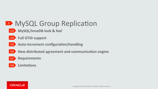 Copyright	©	2016,	Oracle	and/or	its	aﬃliates.	All	rights	reserved.		|	
										Requirements					
												New	distributed	agreement	and	communicaKon	engine					
												Auto-increment	conﬁguraKon/handling	
												Full	GTID	support	
											MySQL/InnoDB	look	&	feel	
					
											LimitaKons			
MySQL	Group	ReplicaIon	2	
2.3	
2.4	
2.5	
2.6	
2.7	
2.8	
 