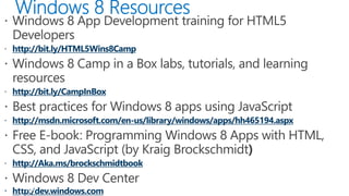 http://bit.ly/HTML5Wins8Camp
http://bit.ly/CampInBox
http://msdn.microsoft.com/en-us/library/windows/apps/hh465194.aspx
http://Aka.ms/brockschmidtbook
 http:/dev.windows.comPAGE
 
