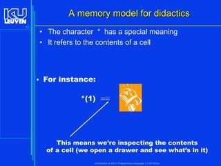 A memory model for didactics
63

• The character * has a special meaning
• It refers to the contents of a cell

• For instance:

*(1) ==

This means we’re inspecting the contents
of a cell (we open a drawer and see what’s in it)
Introduction to the C Programming Language ( V De Florio)

 