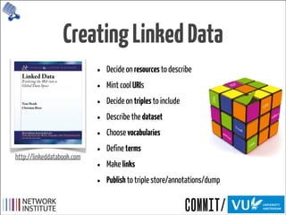 Creating Linked Data

http://linkeddatabook.com

•
•
•
•
•
•
•
•

Decide on resources to describe
Mint cool URIs
Decide on triples to include
Describe the dataset
Choose vocabularies
Define terms
Make links
Publish to triple store/annotations/dump

 