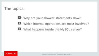 Copyright © 2014, Oracle and/or its affiliates. All rights reserved. | 
The topics 
Why are your slowest statements slow? 
Which internal operations are most involved? 
What happens inside the MySQL server? 
1 
2 
3 
 