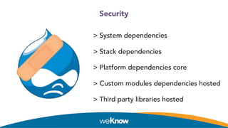Security
> System dependencies
> Stack dependencies
> Platform dependencies core
> Custom modules dependencies hosted
> Third party libraries hosted
 