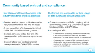 Customers are responsible for their usage
of data purchased through Data.com:
§  Customers are responsible for complying with all
applicable regulations, e.g. Canadian Anti-Spam
legislation (CASL) and CAN-SPAM
§  According to CASL:
§  Customers must have an opt-in relationship directly with
Canadian customers/contacts/leads to send them
Commercial Electronic Message (CEM) such as an email
§  Customers need to manage CEM consent and need to
show proof of oral consent, written consent, business
relationship, or no business relationship with Canadian
customers/contacts/leads.
Community based on trust and compliance
How Data.com Connect complies with
industry standards and best practices:
§  Connect sends an opt-out notification email to
new, validated contacts after they are added
§  A new contact has a 14-day period to opt out
before their contact information goes live
§  Contacts can easily update their own info,
manage contact preferences, or opt-out at any
time
§  Connect follows best practices for email
management and is CAN-SPAM compliant
 