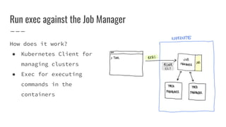 Run exec against the Job Manager
How does it work?
● Kubernetes Client for
managing clusters
● Exec for executing
commands in the
containers
 