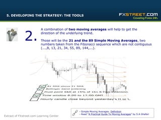 5. DEVELOPING THE STRATEGY: THE TOOLS




              2.
                          A combination of two moving averages will help to get the
                          direction of the underlying trend.

                          Those will be the 21 and the 89 Simple Moving Averages, two
                          numbers taken from the Fibonacci sequence which are not contiguous
                          (...,8, 13, 21, 34, 55, 89, 144,...).




                                                                                 13
                                                - Simple Moving Averages: Definition
                                                - Read “A Practical Guide To Moving Averages” by S.A Ghafari
Extract of FXstreet.com Learning Center
 