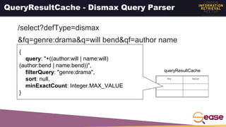 /select?defType=dismax
&fq=genre:drama&q=will bend&qf=author name
QueryResultCache - Dismax Query Parser
{
query: "+((author:will | name:will)
(author:bend | name:bend))",
filterQuery: "genre:drama",
sort: null,
minExactCount: Integer.MAX_VALUE
}
queryResultCache
 