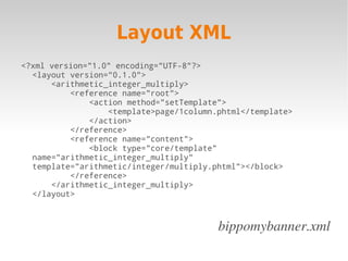 Layout XML
<?xml version="1.0" encoding="UTF-8"?>
  <layout version="0.1.0">
      <arithmetic_integer_multiply>
          <reference name="root">
              <action method="setTemplate">
                  <template>page/1column.phtml</template>
              </action>
          </reference>
          <reference name="content">
              <block type="core/template"
  name="arithmetic_integer_multiply"
  template="arithmetic/integer/multiply.phtml"></block>
          </reference>
      </arithmetic_integer_multiply>
  </layout>



                                         bippomybanner.xml
 