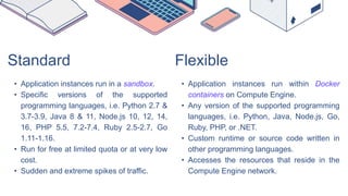 Standard
• Application instances run in a sandbox.
• Specific versions of the supported
programming languages, i.e. Python 2.7 &
3.7-3.9, Java 8 & 11, Node.js 10, 12, 14,
16, PHP 5.5, 7.2-7.4, Ruby 2.5-2.7, Go
1.11-1.16.
• Run for free at limited quota or at very low
cost.
• Sudden and extreme spikes of traffic.
Flexible
• Application instances run within Docker
containers on Compute Engine.
• Any version of the supported programming
languages, i.e. Python, Java, Node.js, Go,
Ruby, PHP, or .NET.
• Custom runtime or source code written in
other programming languages.
• Accesses the resources that reside in the
Compute Engine network.
 