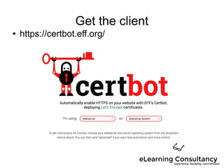 Get the client
● https://certbot.eff.org/
 
