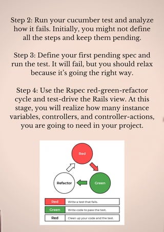 Step 2: Run your cucumber test and analyze
how it fails. Initially, you might not define
all the steps and keep them pending.
Step 3: Define your first pending spec and
run the test. It will fail, but you should relax
because it’s going the right way.
Step 4: Use the Rspec red-green-refactor
cycle and test-drive the Rails view. At this
stage, you will realize how many instance
variables, controllers, and controller-actions,
you are going to need in your project.
 