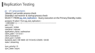 Replication Testing
postgres=# select * from pg_stat_replication ;
-[ RECORD 1 ]----+---------------------------------
pid | 1114
usesysid | 16384
usename | repuser
application_name | walreceiver
client_addr | 127.0.0.1
client_hostname |
client_port | 52444
backend_start | 08-MAR-20 19:54:05.535695 -04:00
state | streaming
..
sync_priority | 0
sync_state | async
ps ­ef | grep postgres
[Master] wal sender process check
[Standby] wal receiver & startup process check
SELECT * FROM pg_stat_replication; Query execution on the Primary/Standby nodes
 