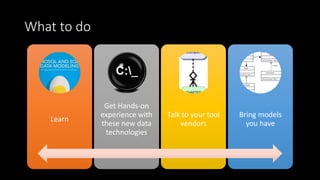 What to do
Learn
Get Hands-on
experience with
these new data
technologies
Talk to your tool
vendors
Bring models
you have
 