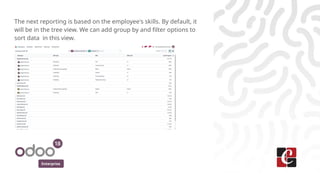 Enterprise
The next reporting is based on the employee's skills. By default, it
will be in the tree view. We can add group by and filter options to
sort data in this view.
 