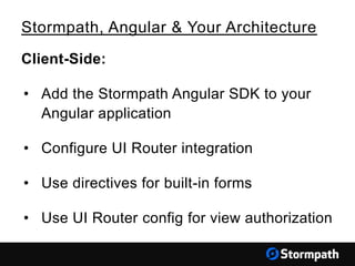 Client-Side:
• Add the Stormpath Angular SDK to your
Angular application
• Configure UI Router integration
• Use directives for built-in forms
• Use UI Router config for view authorization
Stormpath, Angular & Your Architecture
 