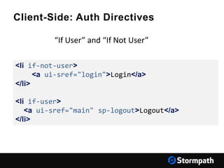 Client-Side: Auth Directives
<li if-not-user>
<a ui-sref="login">Login</a>
</li>
<li if-user>
<a ui-sref="main" sp-logout>Logout</a>
</li>
“If User” and “If Not User”
 