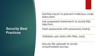 Security Best
Practices
Sanitize inputs to prevent malicious code
execution.
Use prepared statements to avoid SQL
injection.
Hash passwords with password_hash().
Validate user data with filter_var().
Secure file uploads to avoid
unauthorized access.
 