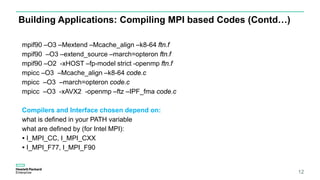 12
Building Applications: Compiling MPI based Codes (Contd…)
mpif90 –O3 –Mextend –Mcache_align –k8-64 ftn.f
mpif90 –O3 –extend_source –march=opteron ftn.f
mpif90 –O2 -xHOST –fp-model strict -openmp ftn.f
mpicc –O3 –Mcache_align –k8-64 code.c
mpicc –O3 –march=opteron code.c
mpicc –O3 -xAVX2 -openmp –ftz –IPF_fma code.c
Compilers and Interface chosen depend on:
what is defined in your PATH variable
what are defined by (for Intel MPI):
• I_MPI_CC, I_MPI_CXX
• I_MPI_F77, I_MPI_F90
 