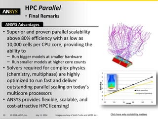© 2014 ANSYS, Inc. July 11, 201419
ANSYS Advantages
HPC Parallel
- Final Remarks
• Superior and proven parallel scalability
above 80% efficiency with as low as
10,000 cells per CPU core, providing the
ability to
– Run bigger models at smaller hardware
– Run smaller models at higher core counts
• Solvers required for complex physics
(chemistry, multiphase) are highly
optimized to run fast and deliver
outstanding parallel scaling on today’s
multicore processors
• ANSYS provides flexible, scalable, and
cost-attractive HPC licensing!
Images courtesy of Voith Turbo and MORE S.r.l. Click here why scalability matters
 