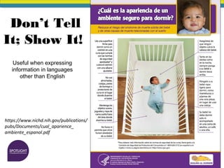 Don’t Tell
It; Show It!
Useful when expressing
information in languages
other than English
https://www.nichd.nih.gov/publications/
pubs/Documents/cual_aparience_
ambiente_espanol.pdf
 