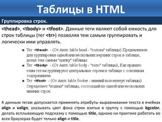 Таблицы в HTML 
Группировка строк. 
<thead>, <tbody> и <tfoot>. Данные теги являют собой емкость для 
строк таблицы (тег <tr>) позволяя тем самым группировать и 
логически ими управлять. 
К данным тегам допускается применять атрибуты выравнивания текста в ячейках 
align и valign, указывать цвет фона строк взятых в группу с помощью bgcolor, 
делать всплывающую подсказку с помощью title, однако на практике работать во 
всех браузерах будет только align и title. 
 