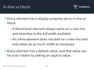 © 2017 Thinkful. All Rights Reserved. 36
In-line vs block
Every element has a display property set to in-line or
block.
A block-level element always starts on a new line
and stretches to the full width available
An inline element does not start on a new line and
only takes up as much width as necessary
Every element has a default value, and that value can
be over-ridden by setting an explicit value.
 