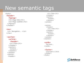 New semantic tags<body><header>    <hgroup>      <h1>Page title</h1>      <h2>Page subtitle</h2>    </hgroup>   </header> <nav>     <ul> Navigation... </ul>  </nav>   <section>    <article>       <header>         <h1>Title</h1>       </header>       <section>         Content...       </section>     </article>     <article>      <header>       <h1>Title</h1>      </header>      <section>          Content...     </section>   </article>   <article>      <header>        <h1>Title</h1>      </header>      <section>          Content...      </section>   </article></section><aside>      Top links... </aside><footer>     Copyright © 2010.   </footer> </body>