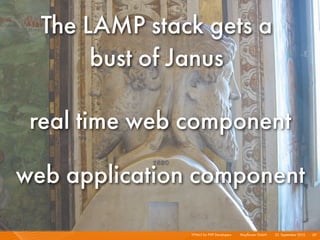 The LAMP stack gets a
       bust of Janus

 real time web component

web application component

               HTML5 for PHP Developers I   Mayﬂower GmbH I 23. September 2010 I 59
 