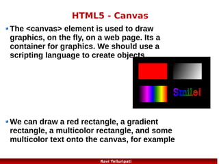 HTML5 – SVG vs Canvas
SVG is a language for describing 2D graphics in XML.
Canvas draws 2D graphics, on the fly (with a JavaScript).
SVG is XML based, which means that every element is available within
the SVG DOM. You can attach JavaScript event handlers for an element.
In SVG, each drawn shape is remembered as an object. If attributes of an
SVG object are changed, the browser can automatically re-render the
shape.
Canvas is rendered pixel by pixel. In canvas, once the graphic is drawn, it
is forgotten by the browser. If its position should be changed, the entire
scene needs to be redrawn, including any objects that might have been
covered by the graphic.

12
Ravi Yelluripati

 