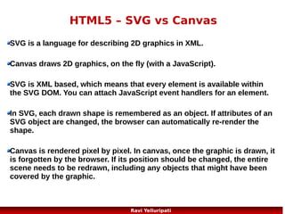 HTML5 - video
HTML5 defines a new element which specifies a standard
way to embed a video/movie on a web page:
the <video> element.
<video width="320" height="240" controls>
<source src="movie.mp4" type="video/mp4">
<source src="movie.ogg" type="video/ogg">
Your browser does not support the video tag.
</video>
http://www.w3schools.com/html/html5_video.asp

16
Ravi Yelluripati

 