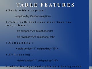 TABLE FEATURES 1.Table with a caption : <caption>My Caption</caption> 2.Table cells that span more than one row/column : <th colspan=&quot;2&quot;>Telephone</th> <th rowspan=&quot;2&quot;>Telephone:</th> 3.Cell padding :   <table border=&quot;1&quot;  cellpadding=&quot;10&quot;> 4 . Cell spacing :   <table border=&quot;1&quot;  cellspacing=&quot;10&quot;> 5.Add a background color or a background image to a table :   <table border=&quot;1&quot;  bgcolor=&quot;red&quot;> 