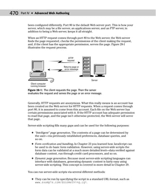 470   Part IV ✦ Advanced Web Authoring



          been conﬁgured differently. Port 80 is the default Web server port. This is how your
          server, which may be a ﬁle server, an applications server, and an FTP server, in
          addition to being a Web server, keeps it all straight.

          When an HTTP request comes through port 80 to the Web server, the Web server
          ﬁnds the page requested, checks the permissions of the client making the request,
          and, if the client has the appropriate permission, serves the page. Figure 28-1
          illustrates the request process.


                                            HTTP
                                           request

                                        Returns page or
                                         error message



                                                               Server
            Client computer
            running browser
          Figure 28-1: The client requests the page. Then the server
          evaluates the request and serves the page or an error message.


          Generally, HTTP requests are anonymous. What this really means is an account has
          been created on the Web server for HTTP requests. When a request comes through
          port 80, it is assumed to come from this account. Each ﬁle on the Web server has
          certain permissions associated with it. If the HTTP account has adequate permission
          to read that page, and the page isn’t otherwise protected, the Web server will serve
          that page.

          Server-side scripting ﬁlls many gaps and can be used for the following purposes:

            ✦ “Intelligent” page generation. The contents of a page can be determined by
              the user—via previously established preferences, database queries, and
              so on.
            ✦ Form veriﬁcation and handling. In Chapter 23 you learned how JavaScript can
              be used to do basic form validation. However, using server-side scripts the
              form data can be validated at a much more detailed level—data veriﬁed against
              database content, run through credit card processors, and so on.
            ✦ Dynamic page generation. Because most server-side scripting languages can
              interface with databases, generating dynamic content is fairly easy using
              server-side scripting. This concept is covered in more detail in Chapter 29.

          You can run server-side scripts via several different methods:

            ✦ They can be run by specifying the script in a standard URL format, such as
              www.example.com/dosomething.cgi.
 
