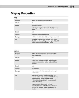 Appendix B ✦ CSS Properties   753

Display Properties
  clip
   Purpose     Deﬁne an element’s clipping region
   Inherited   No

   Values      auto—No clipping
               rect(<top>, <right>, <bottom>, <left>)—Border
               offsets
   Default     auto

   Used In     Absolutely positioned elements
   Example     {clip: rect(auto, 30px, 40px, auto)}
   Tip         The above example indicates that the clipping
               should be performed 30px to the right of the left
               border and 40px below the top border




  cursor
   Purpose     Deﬁne the mouse pointer appearance while
               over an element
   Inherited   Yes

   Values      <url>, auto, crosshair, default, pointer, move,
               {e|ne|nw|n|se|sw|s|w}-resize, text, wait, help,
               progress
   Default     auto

   Used In     All elements
   Example     {cursor: url(/https/www.slideshare.net/images/pointer.png),
               crosshair}

   Tip         Any number of URLs may be provided; the
               browser will try each in order until it ﬁnds one
               that it supports. In the above example,
               if the pointer image doesn’t work, crosshair
               will be the fallback.
               In practice, only IE seems to behave
               properly; Netscape and Safari will neither use
               the URL nor proceed to successive items in
               the list
 