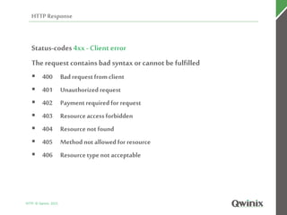 HTTPResponse
HTTP: © Qwinix. 2015
1
5
Status-codes 4xx - Client error
Therequestcontains bad syntax or cannotbe fulfilled
 400 Badrequestfromclient
 401 Unauthorized request
 402 Paymentrequiredfor request
 403 Resourceaccessforbidden
 404 Resourcenot found
 405 Methodnot allowed for resource
 406 Resourcetypenotacceptable
 