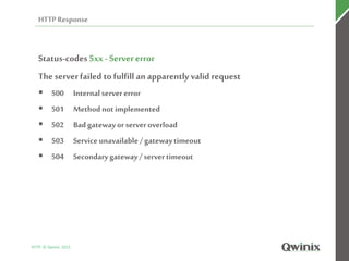 HTTPResponse
HTTP: © Qwinix. 2015
1
6
Status-codes 5xx - Servererror
Theserverfailed to fulfill an apparently valid request
 500 Internalservererror
 501 Methodnot implemented
 502 Badgatewayor serveroverload
 503 Service unavailable /gatewaytimeout
 504 Secondarygateway/ servertimeout
 