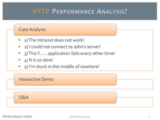 © SecurActive 2013 2
HTTP PERFORMANCE ANALYSIS?
 1/The Intranet does not work!
 2/ I could not connect to John's server!
 3/This f...... application fails every other time!
 4/ It is so slow!
 5/ I’m stuck in the middle of nowhere!
Case Analysis
Interactive Demo
Q&A
 