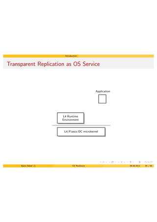 Introduction
Transparent Replication as OS Service
Application
L4 Runtime
Environment
L4/Fiasco.OC microkernel
Bj¨orn D¨obel () OS Resilience 06.08.2013 39 / 58
 