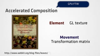 GPU FTW

Accelerated Composition

                                          Element    GL texture


                                               Movement
                                          Transformation matrix

http://www.webkit.org/blog-ﬁles/leaves/
 