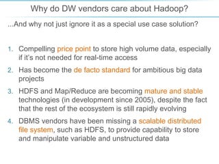 Relationship between Hadoop & DW implementations
To leverage the strengths in each platform, traditionally...


Hadoop is used for storage & transformation (specifically,
ELT) of vast volumes of raw data



...while DW is used for analytics on a subset of the
processed data

Extract from
source systems

Load to DW

Transform
in place

DW

Reporting &
OLAP using
traditional tools

 