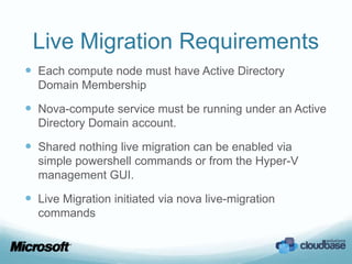 Live Migration Requirements
 Each compute node must have Active Directory
  Domain Membership

 Nova-compute service must be running under an Active
  Directory Domain account.

 Shared nothing live migration can be enabled via
  simple powershell commands or from the Hyper-V
  management GUI.

 Live Migration initiated via nova live-migration
  commands
 