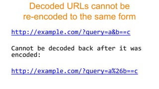Decoded URLs cannot be
re-encoded to the same form
http://example.com/?query=a&b==c
Cannot be decoded back after it was
encoded:
http://example.com/?query=a%26b==c
 