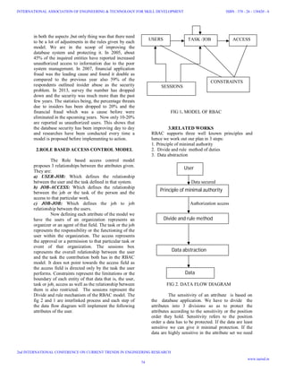 in both the aspects ,but only thing was that there need
to be a lot of adjustments in the rules given by each
model. We are in the scoop of improving the
database system and protecting it. In 2005, about
45% of the inquired entities have reported increased
unauthorized access to information due to the poor
system management. In 2007, financial application
fraud was the leading cause and found it double as
compared to the previous year also 59% of the
respondents outlined insider abuse as the security
problem. In 2013, survey the number has dropped
down and the security was much more than the past
few years. The statistics being, the percentage threats
due to insiders has been dropped to 20% and the
financial fraud which was a cause before were
eliminated in the upcoming years. Now only 10-20%
are reported as unauthorized users. This shows that
the database security has been improving day to day
and researches have been conducted every time a
model is proposed before implementing to action.
2.ROLE BASED ACCESS CONTROL MODEL
The Role based access control model
proposes 3 relationships between the attributes given.
They are:
a) USER-JOB: Which defines the relationship
between the user and the task defined in that system.
b) JOB-ACCESS: Which defines the relationship
between the job or the task of the person and the
access to that particular work.
c) JOB-JOB: Which defines the job to job
relationship between the users.
Now defining each attribute of the model we
have the users of an organization represents an
organizer or an agent of that field. The task or the job
represents the responsibility or the functioning of the
user within the organization. The access represents
the approval or a permission to that particular task or
event of that organization. The sessions box
represents the overall relationship between the user
and the task the contribution both has in the RBAC
model. It does not point towards the access field as
the access field is directed only by the task the user
performs. Constraints represent the limitations or the
boundary of each entity of that data that is, the user,
task or job, access as well as the relationship between
them is also restricted. The sessions represent the
Divide and rule mechanism of the RBAC model. The
fig 2 and 1 are interlinked process and each step of
the data flow diagram will implement the following
attributes of the user.
FIG 1. MODEL OF RBAC
3.RELATED WORKS
RBAC supports three well known principles and
hence we work out our plan in 3 steps:
1. Principle of minimal authority
2. Divide and rule method of duties
3. Data abstraction
Data secured
Authorization access
FIG 2. DATA FLOW DIAGRAM
The sensitivity of an attribute is based on
the database application. We have to divide the
attributes into 3 divisions so as to protect the
attributes according to the sensitivity or the position
order they hold. Sensitivity refers to the position
order a data has to be protected. If the data are least
sensitive we can give it minimal protection. If the
data are highly sensitive in the attribute set we need
Principle of minimal authority
User
Divide and rule method
Data abstraction
Data
USERS TASK /JOB ACCESS
SESSIONS
CONSTRAINTS
74
INTERNATIONAL ASSOCIATION OF ENGINEERING & TECHNOLOGY FOR SKILL DEVELOPMENT
2nd INTERNATIONAL CONFERENCE ON CURRENT TRENDS IN ENGINEERING RESEARCH
ISBN : 378 - 26 - 138420 - 6
www.iaetsd.in
 