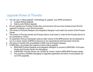 Upgrade Rules of Thumbs
1. You can use a “rolling upgrade” methodology to upgrade your BPM ecosystems.
a. In-place Rolling Upgrade
b. Side-by-side Rolling Upgrade
2. Do not upgrade your Process Center (Dev environment) until you have at least proved that the
upgrade is working in your QA environment.
3. The version of Process Designer and Integration Designer must match the version of the Process
Center.
4. The version of Process Center and Process Server must match in order for the Process Server to
be connected as “online”.
5. An application that you developed using an older version of the BPM product can be deployed to
run on a newer version of BPM as long as it is not using features that have been removed.
6. We strive to maintain API compatibility in BPM mod and fixpack releases.
7. In BPM 85xx, we enabled the support of online rolling upgrade:
a. BPM 8500 Process Designer and Integration Designer to connect to BPM 8501 of Process
Center and Process Server (for debugging).
b. A BPM 8501 Process Server can connect as “online” mode to BPM 8500 Process Center.
c. The purpose to facilitate debugging of upgraded application and allow a more gradual roll
out of the upgrades.
 
